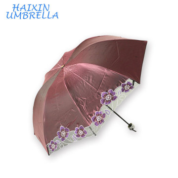 Chameleon Fabric Sun Protection Hermoso 3 paraguas bordado plegable con China Características de encaje